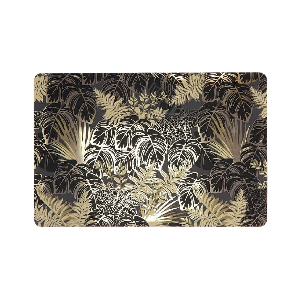 Dessous de verre rectangulaire – Motif feuilles tropicales (fond noir & doré)
